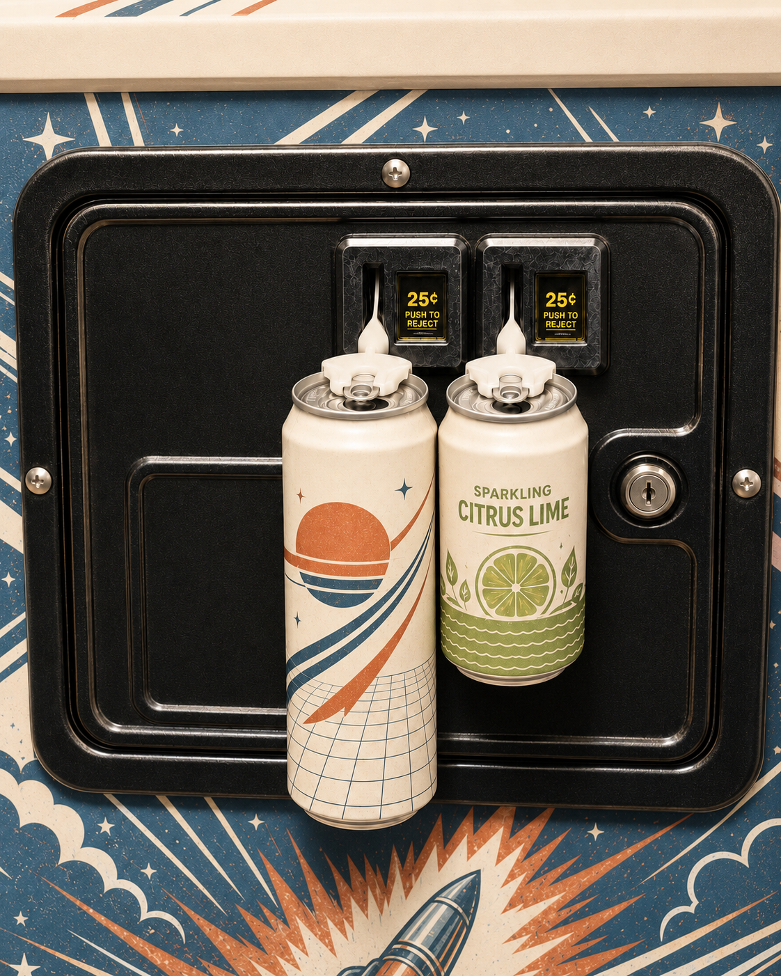 Two beverage cans hanging from arcade coin slots using Coinzy