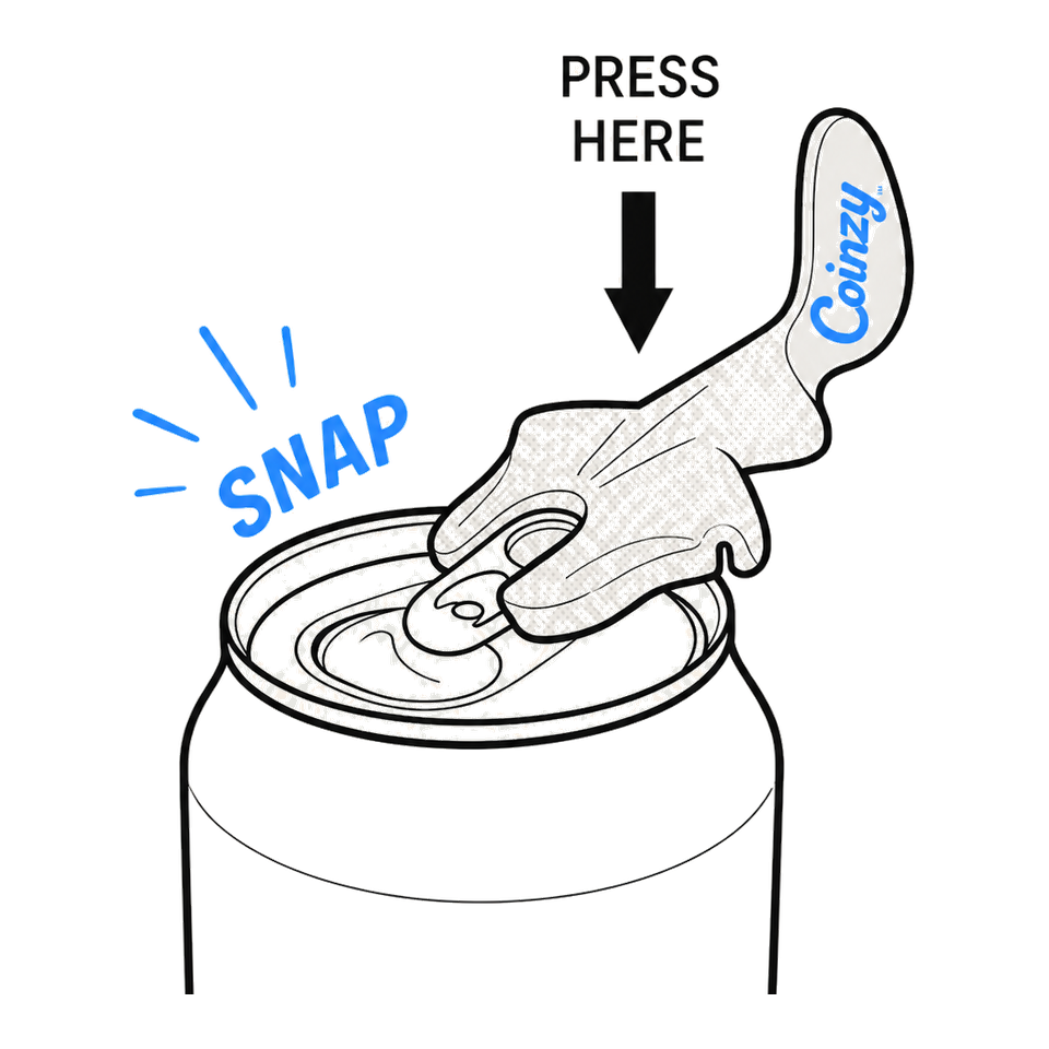 Step 1 illustration showing Coinzy sliding onto a can tab and snapping down