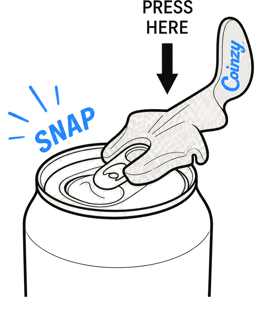 Illustration showing Coinzy snapping onto a can tab